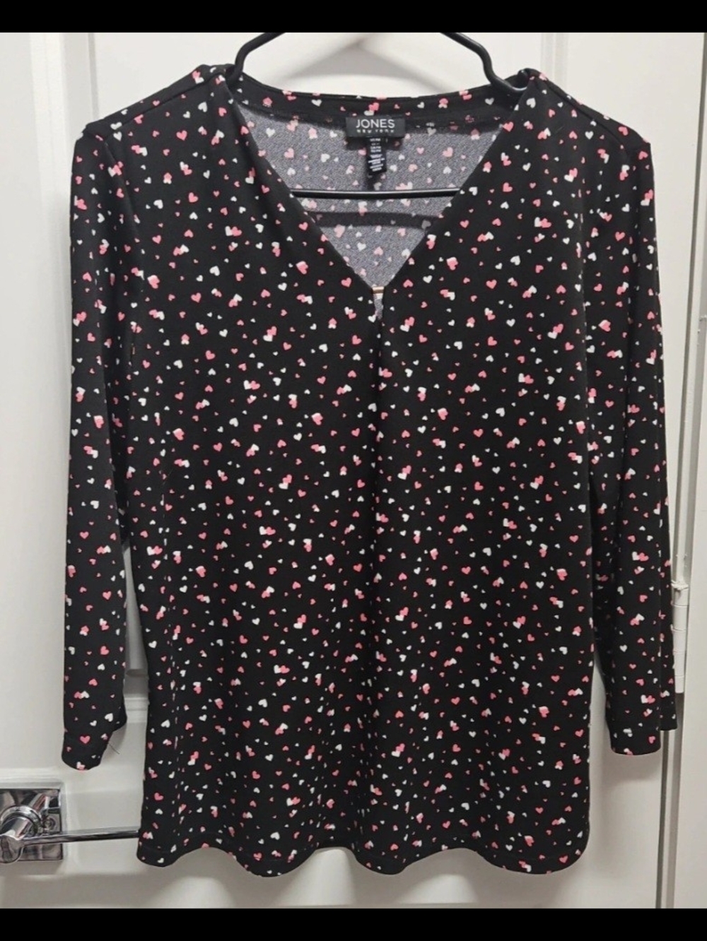 Jones New York Black Top with Pink & White Heart Print